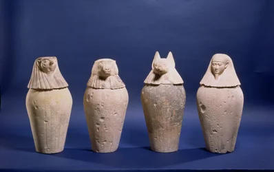 Set of four canopic jars belonging to Djedbastetefankh, from his tomb at Hawara, Late Period, c.380-342 BC